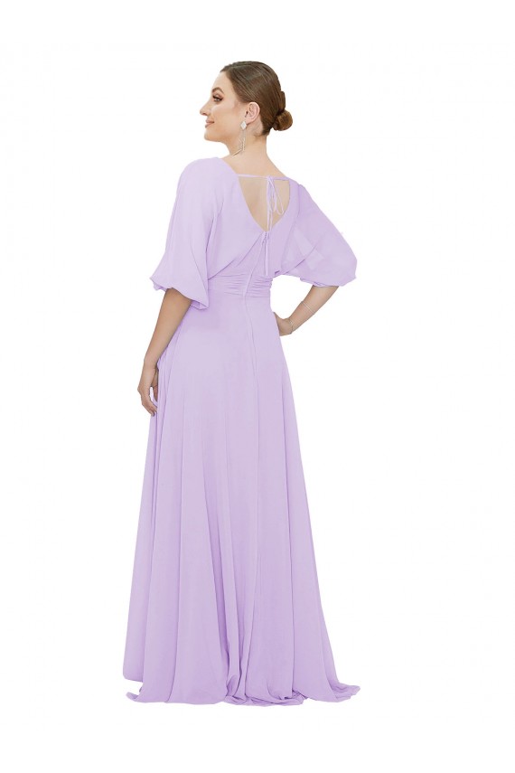 Compre Lila línea A Cuello en V Gasa Largo Vestidos de dama de honor