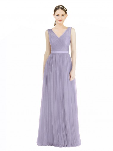 Compre Lila línea A Cuello en V Tul Largo Vestidos de dama de honor
