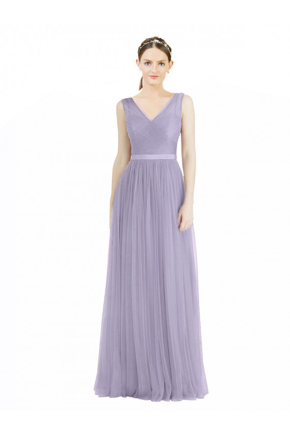 Compre Lila línea A Cuello en V Tul Largo Vestidos de dama de honor