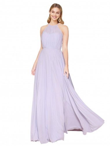 Compre Lila línea A Halter Cuello Alto Gasa Largo Formales Vestidos de dama de honor / Vestidos de fiesta