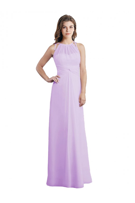 Compre Lila línea A Halter Cuello de Corazón Gasa Largo Vestidos de dama de honor