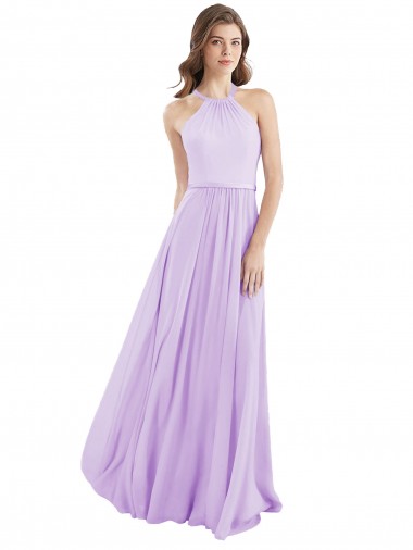 Compre Lila línea A Halter Gasa Largo Vestidos de dama de honor