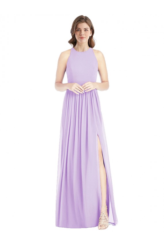 Compre Lila línea A Halter Gasa Largo Vestidos de dama de honor