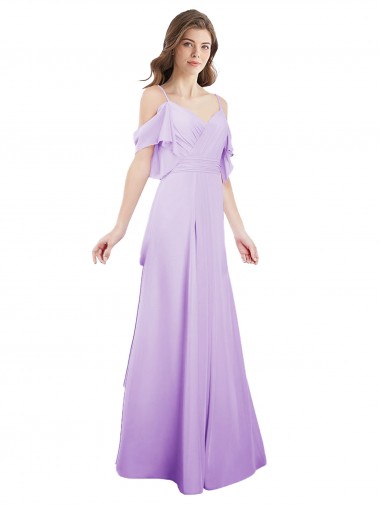 Compre Lila línea A Hombros Descubiertos Tirantes espagueti Gasa Largo Vestidos de dama de honor