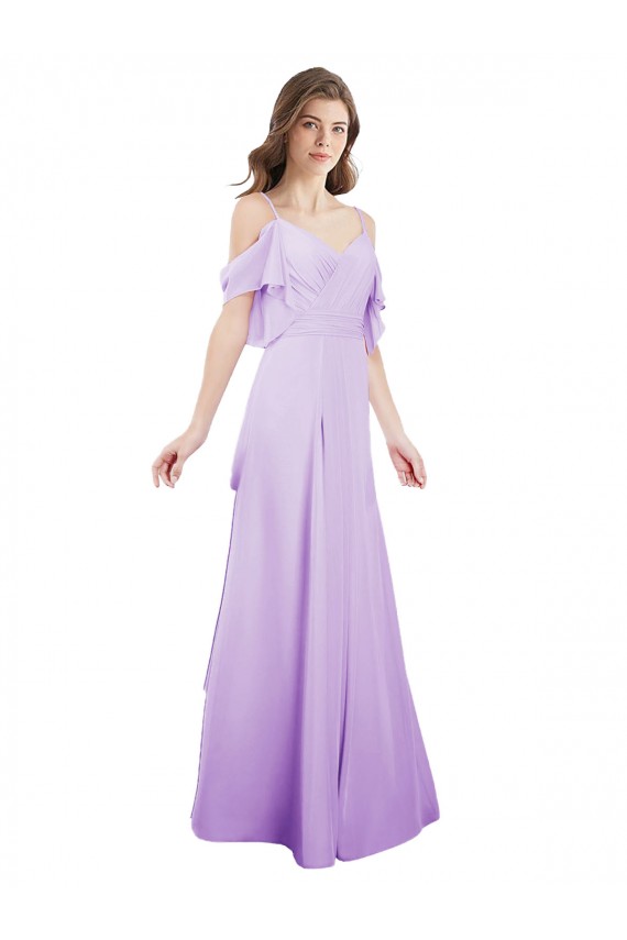 Compre Lila línea A Hombros Descubiertos Tirantes espagueti Gasa Largo Vestidos de dama de honor