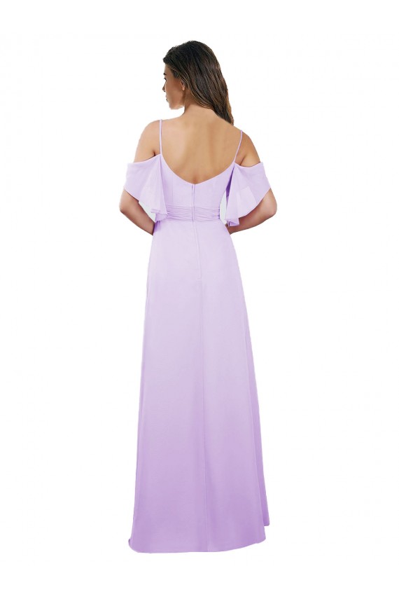 Compre Lila línea A Hombros Descubiertos Tirantes espagueti Gasa Largo Vestidos de dama de honor