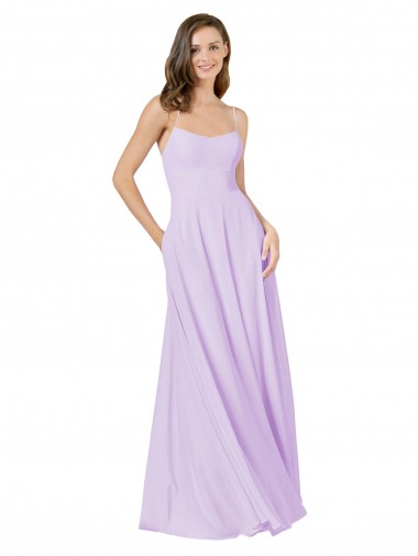 Compre Lila línea A Tirantes espagueti Cuadrado Gasa Largo Vestidos de dama de honor