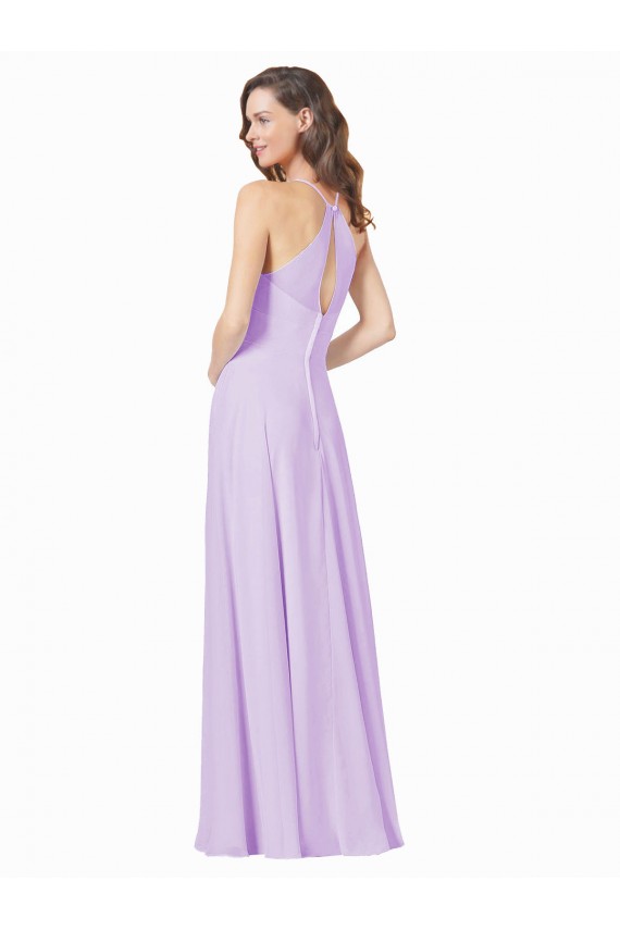 Compre Lila línea A Tirantes espagueti Cuadrado Gasa Largo Vestidos de dama de honor