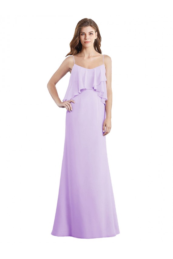 Compre Lila línea A Tirantes espagueti Cucharón Gasa Largo Vestidos de dama de honor