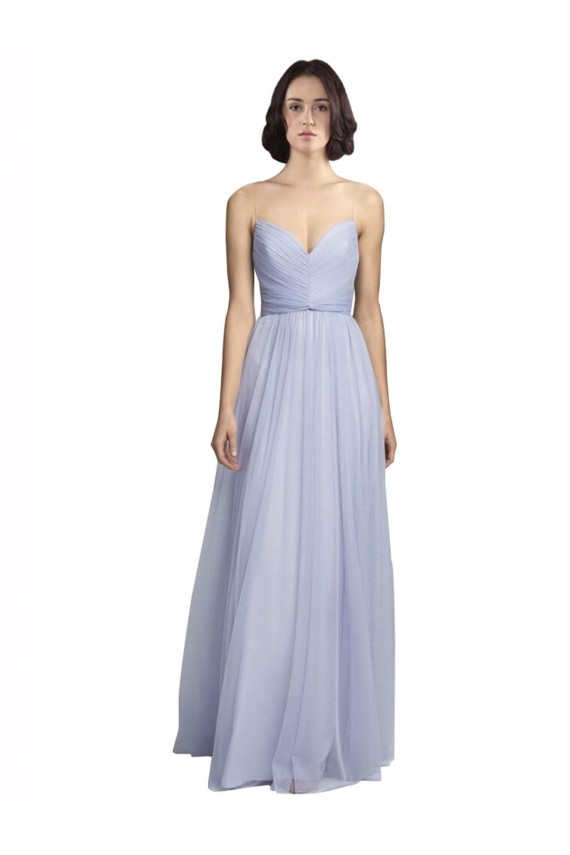 Compre Lila línea A Tirantes espagueti Tul Largo Vestidos de dama de honor