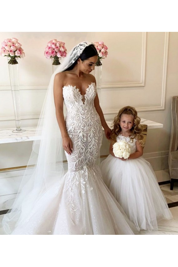 Compre Marfil Barco Cola capilla Tul Encaje Largo vestidos de niña de las flores