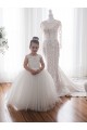 Compre Marfil Barco Cola capilla Tul Encaje Largo vestidos de niña de las flores