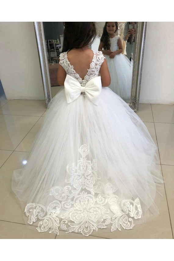 Compre Marfil Barco Cola capilla Tul Encaje Largo vestidos de niña de las flores