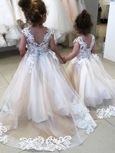 Compre Marfil Barco Cola capilla Tul Encaje Largo vestidos de niña de las flores