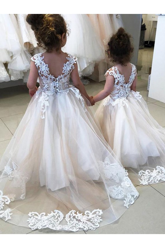Compre Marfil Barco Cola capilla Tul Encaje Largo vestidos de niña de las flores