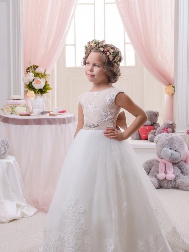 Compre Marfil Barco Cola capilla Tul Encaje Largo vestidos de niña de las flores