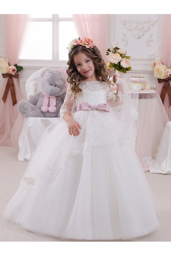 Compre Marfil Barco Cola capilla Tul Encaje Largo vestidos de niña de las flores