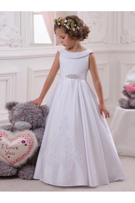 Compre Marfil Barco Satén Encaje Largo vestidos de niña de las flores
