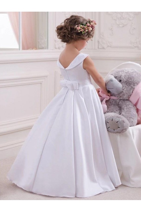 Compre Marfil Barco Satén Encaje Largo vestidos de niña de las flores