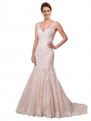 Compre Marfil & Blush Sirena Cuello en V Cola capilla Tul Encaje Vestidos de novia