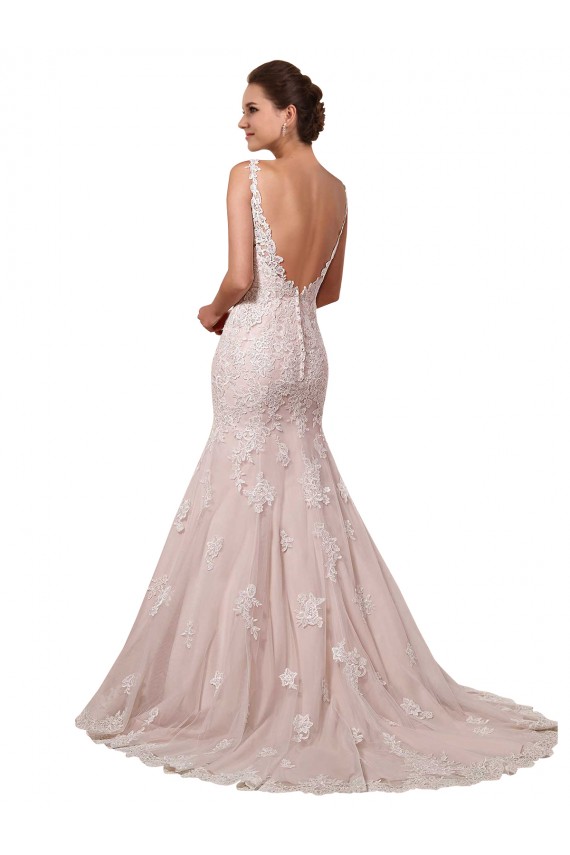 Compre Marfil & Blush Sirena Cuello en V Cola capilla Tul Encaje Vestidos de novia