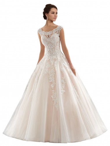 Compre Marfil & Champán Barco Cola capilla Tul Encaje Vestidos de novia