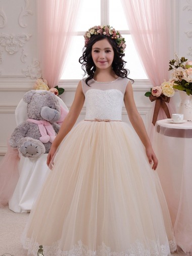 Compre Marfil & Champán Cuello de Corazón Tul Encaje Largo vestidos de niña de las flores