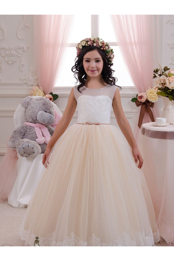 Compre Marfil & Champán Cuello de Corazón Tul Encaje Largo vestidos de niña de las flores