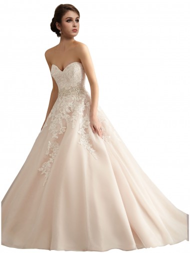 Compre Marfil & Champán Cuello en V Tren catedral Tul Encaje Vestidos de novia