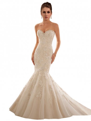 Compre Marfil & Champán Sirena Cuello de Corazón Cola capilla Tul Encaje Vestidos de novia