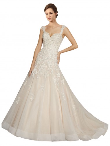 Compre Marfil & Champán Sirena Cuello de Corazón Cola capilla Tul Encaje Vestidos de novia