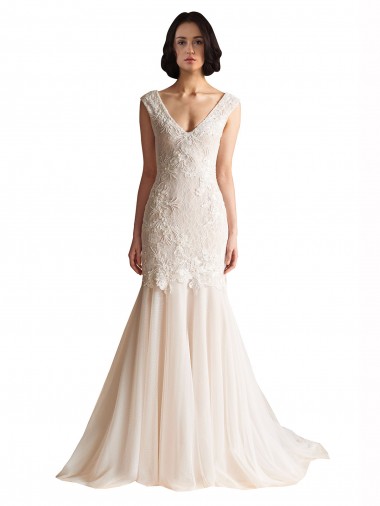 Compre Marfil & Champán Sirena Cuello en V Barrer tren Tul Vestidos de novia