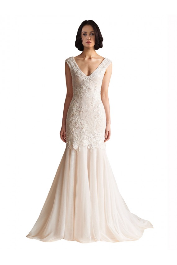 Compre Marfil & Champán Sirena Cuello en V Barrer tren Tul Vestidos de novia