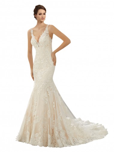 Compre Marfil & Champán Sirena Cuello en V Cola capilla Encaje Vestidos de novia