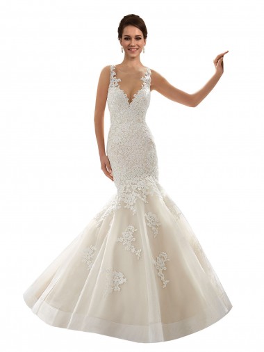 Compre Marfil & Champán Sirena Cuello en V Cola capilla Tul Encaje Clásico Vestidos de novia