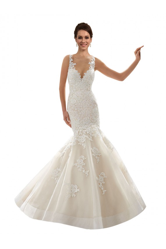 Compre Marfil & Champán Sirena Cuello en V Cola capilla Tul Encaje Clásico Vestidos de novia