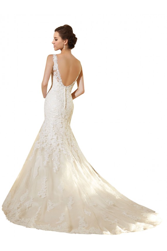 Compre Marfil & Champán Sirena Cuello en V Cola capilla Tul Encaje Vestidos de novia