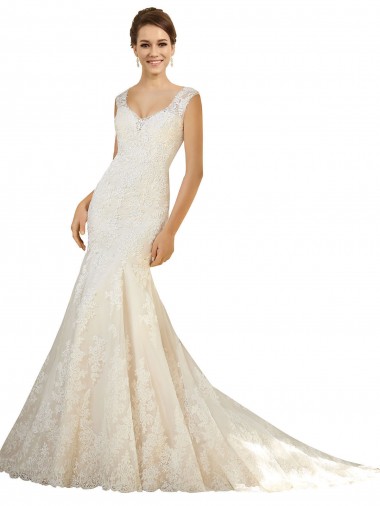 Compre Marfil & Champán Sirena Cuello en V Cola capilla Tul Encaje Vestidos de novia