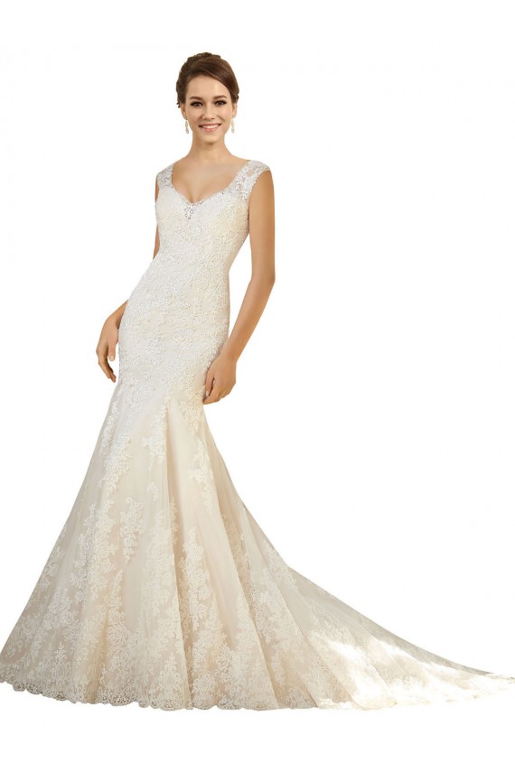 Compre Marfil & Champán Sirena Cuello en V Cola capilla Tul Encaje Vestidos de novia