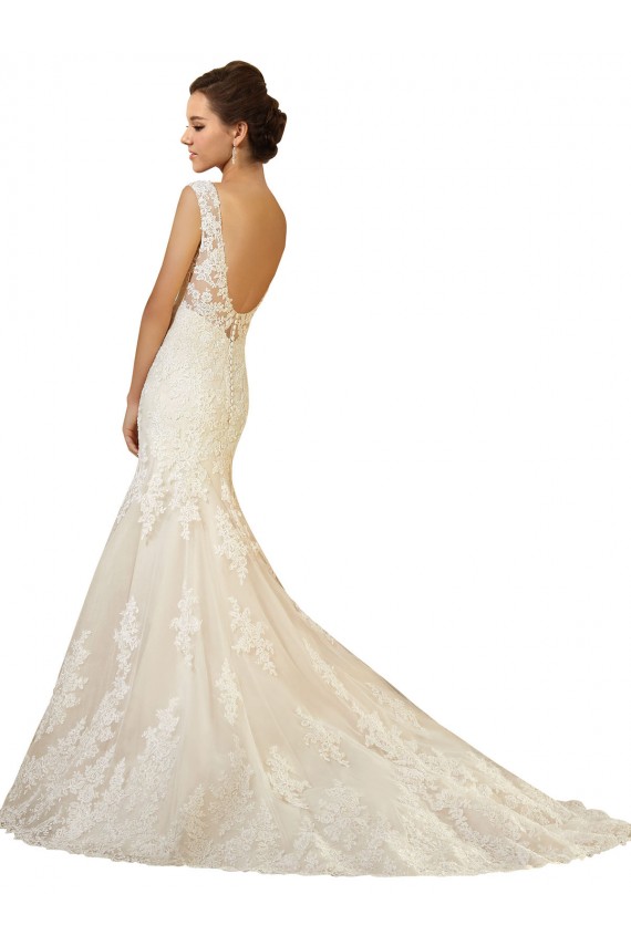 Compre Marfil & Champán Sirena Cuello en V Cola capilla Tul Encaje Vestidos de novia
