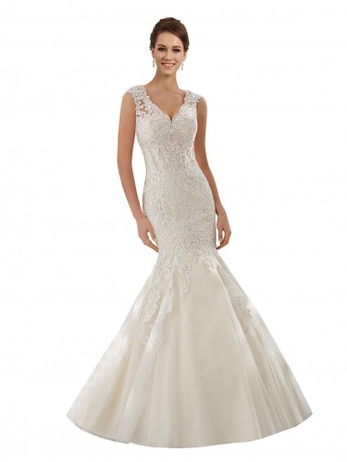 Compre Marfil & Champán Sirena Cuello en V Cola capilla Tul Encaje Vestidos de novia