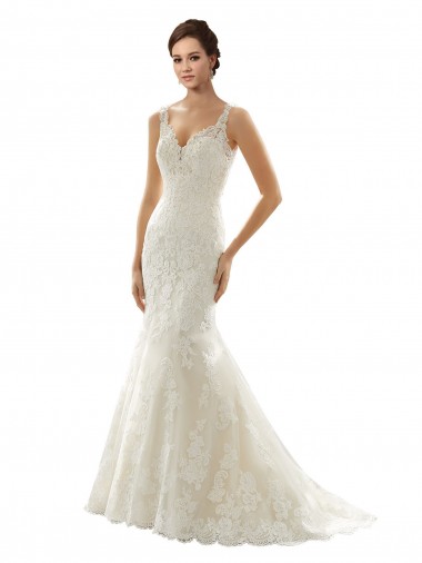 Compre Marfil & Champán Sirena Cuello en V Cola capilla Tul Encaje Vestidos de novia