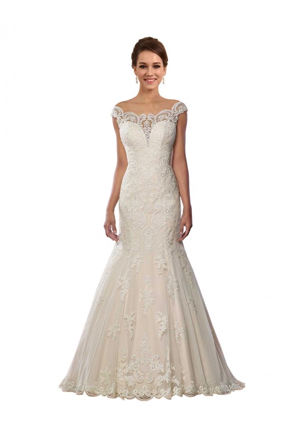 Compre Marfil & Champán Sirena Hombros Descubiertos Cola capilla Encaje Boho Vestidos de novia