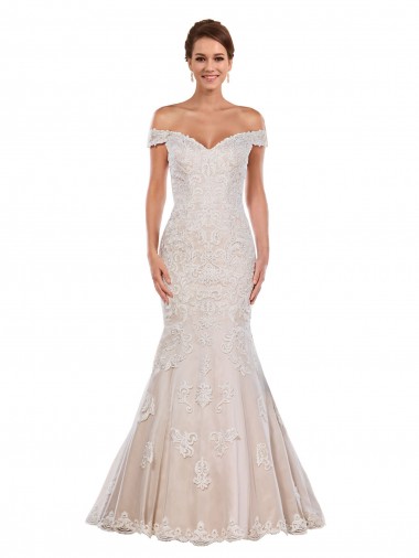 Compre Marfil & Champán Sirena Hombros Descubiertos Cola capilla Encaje Clásico Vestidos de novia