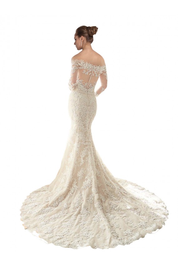 Compre Marfil & Champán Sirena Hombros Descubiertos Cola capilla Tul Encaje Vestidos de novia