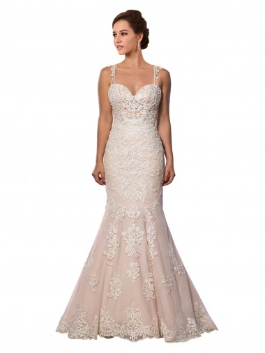 Compre Marfil & Champán Sirena Tirantes espagueti Cola capilla Encaje Boho Vestidos de novia