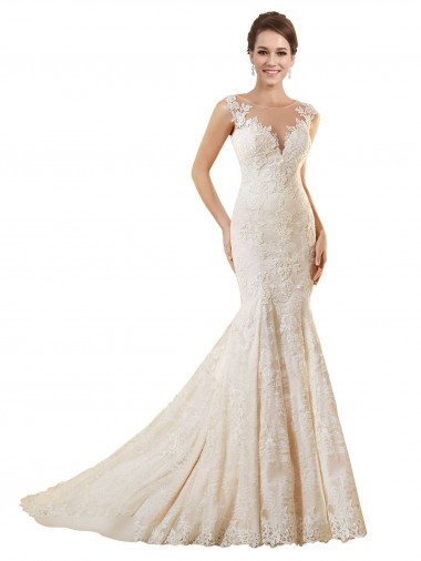 Compre Marfil & Champán Sirena Ilusión Cola capilla Encaje Vestidos de novia