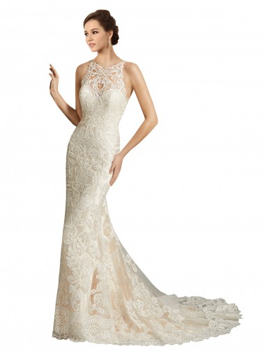Compre Marfil & Champán Sirena Ilusión Cola capilla Tul Encaje Clásico Vestidos de novia