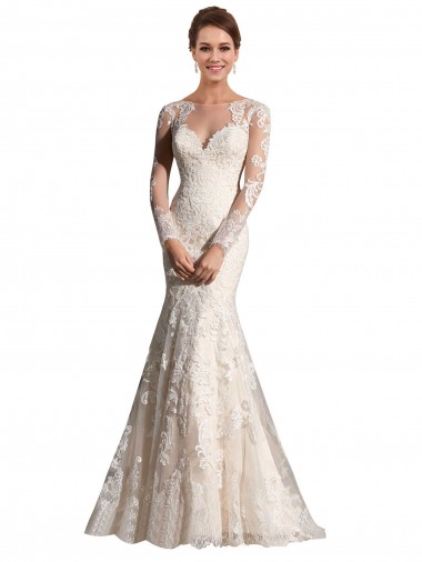 Compre Marfil & Champán Sirena Ilusión Cola capilla Tul Encaje Vestidos de novia