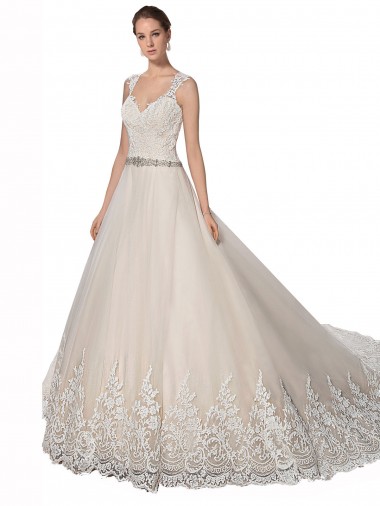 Compre Marfil & Champán línea A Cuello de Corazón Cola capilla Tul Encaje Vestidos de novia